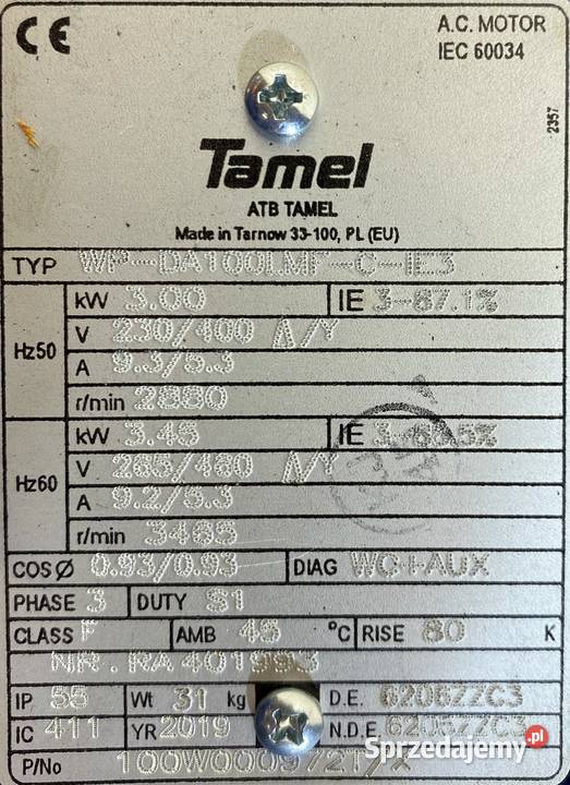 silnik elektryczny 3kW 2880obr 3fazowy Tamel IE3 Pigża