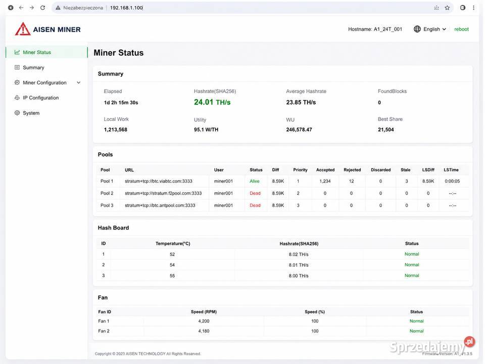 Aisen Miner A1 24 THs SHA256 Bitcoin 11 sztuk Płock