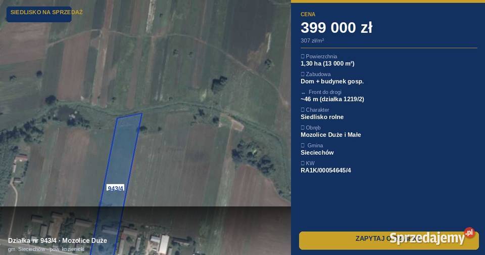 Działka siedliskowa z domem 130 ha Mozolice Duże