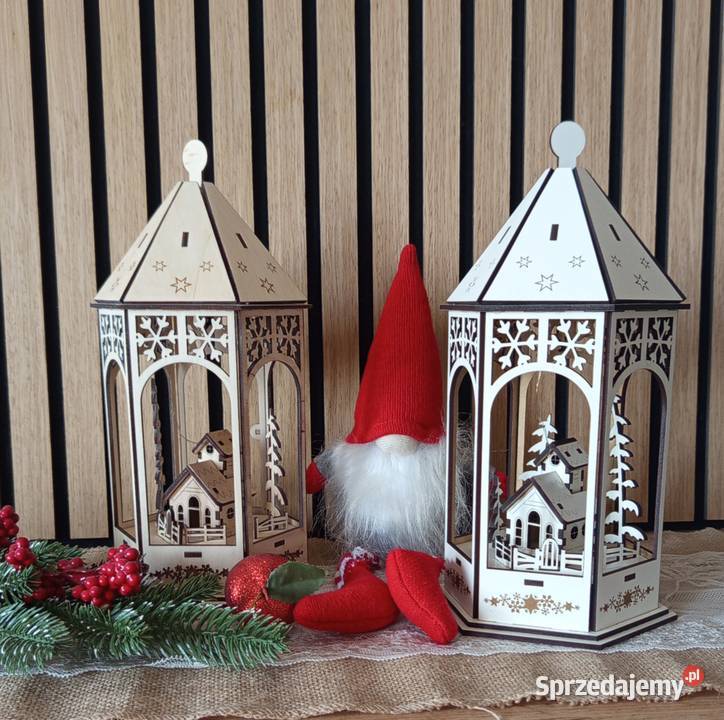 Lampion świąteczny LED z drewnianą scenką łódzkie Bełchatów