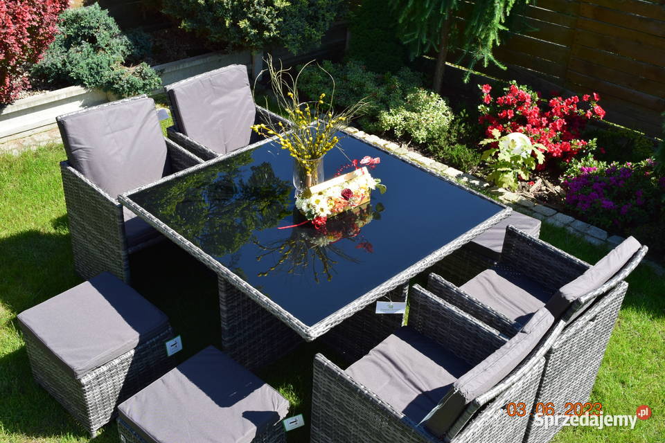 zestaw mebli tulipan 8 osob 4 foteli 4 puf szary metal małopolskie Bosutów