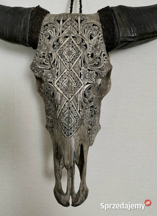 UNIKATRzeźbiona duża czaszka bawoła rękodzieło
