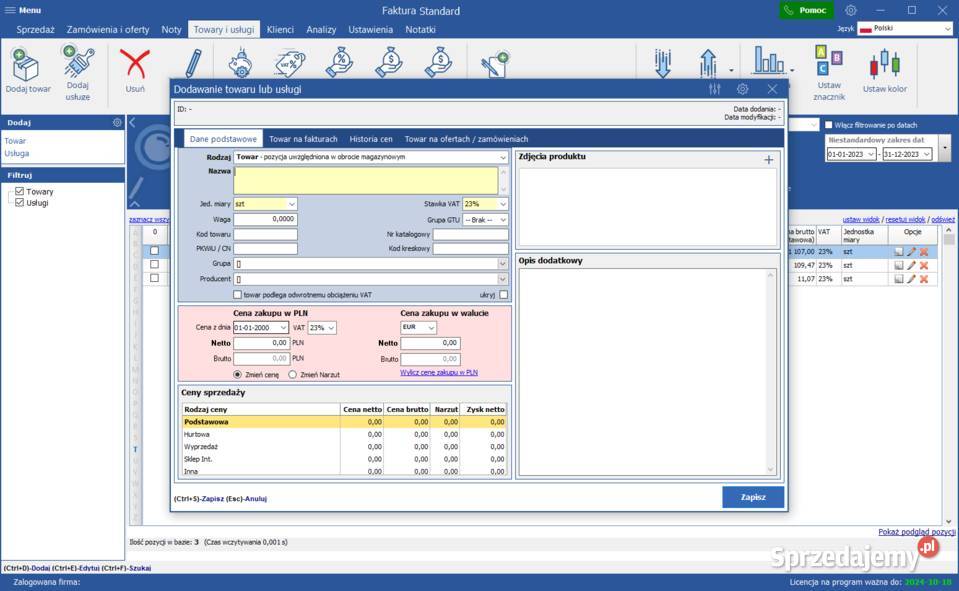 Program do faktur wersja Standard biurowe łódzkie