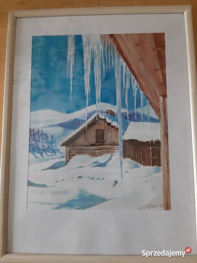 Akwarela Obraz w ramce 30x40 Sople zima sprzedam