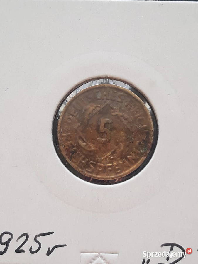 5 Fenigów Niemcy 1925 r men D Numizmatyka Konin