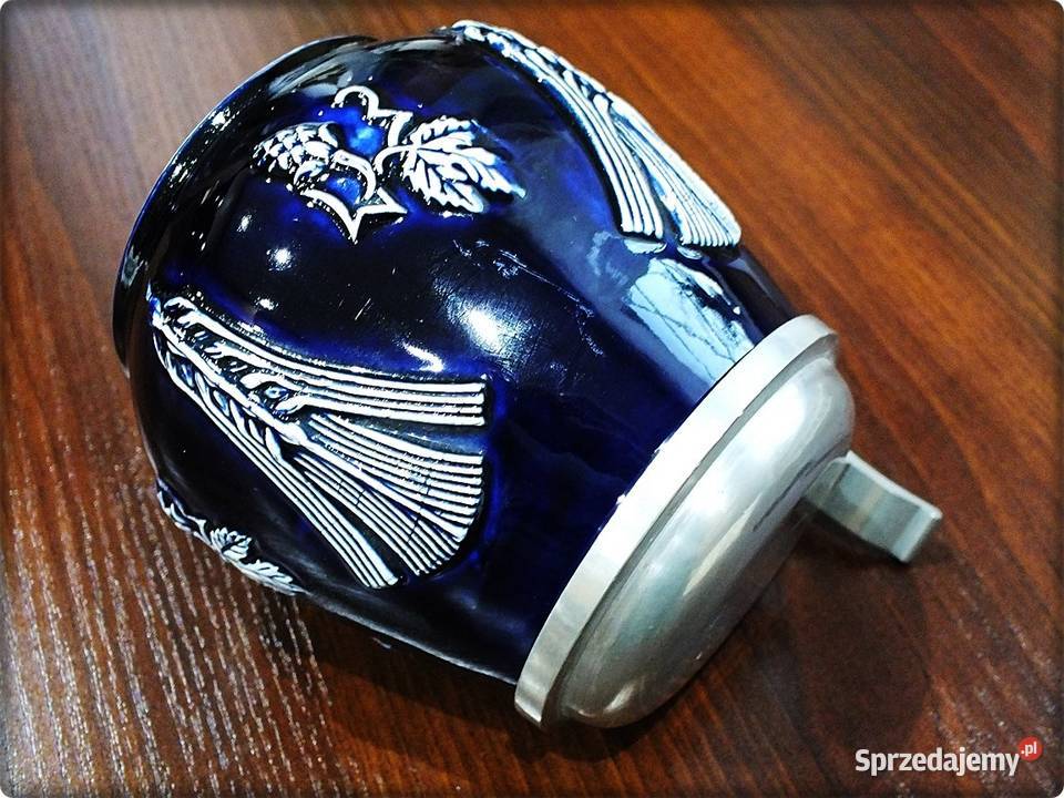 Kufel niemiecki z cynową pokrywką Sygnowany Żary