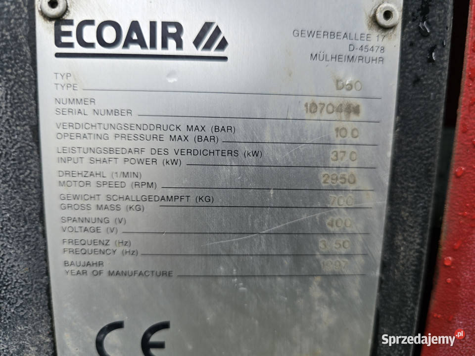 BEZ CENY MINIMALNEJ Kompresor śrubowy ECOAIR D50 Rok produkcji 1997 Pozostałe mazowieckie
