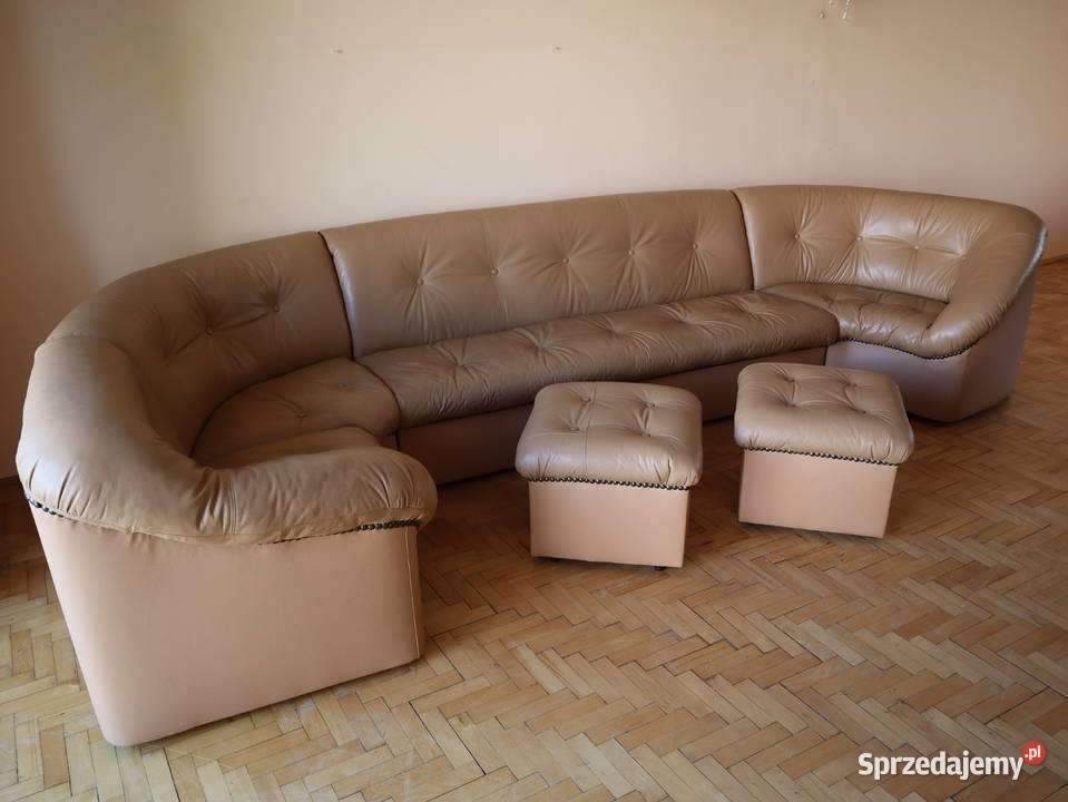 Duża skórzana kanapa narożna modułowa 390 2 pufy Gdańsk
