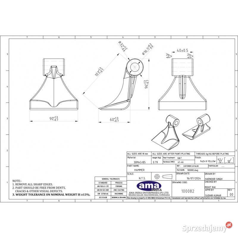 Bijak młotkowy 90x40x165 R100 100082 Pozostałe Kamionna