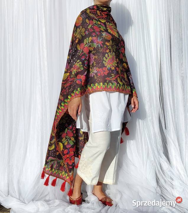 Duży szal pashmina chusta czarny kolorowy wzór Szczecin