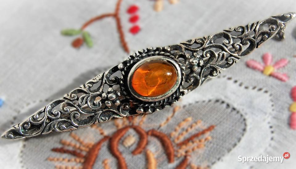 Stara broszka wiktoriańska bursztyn bałtycki srebro lubelskie Lublin sprzedam