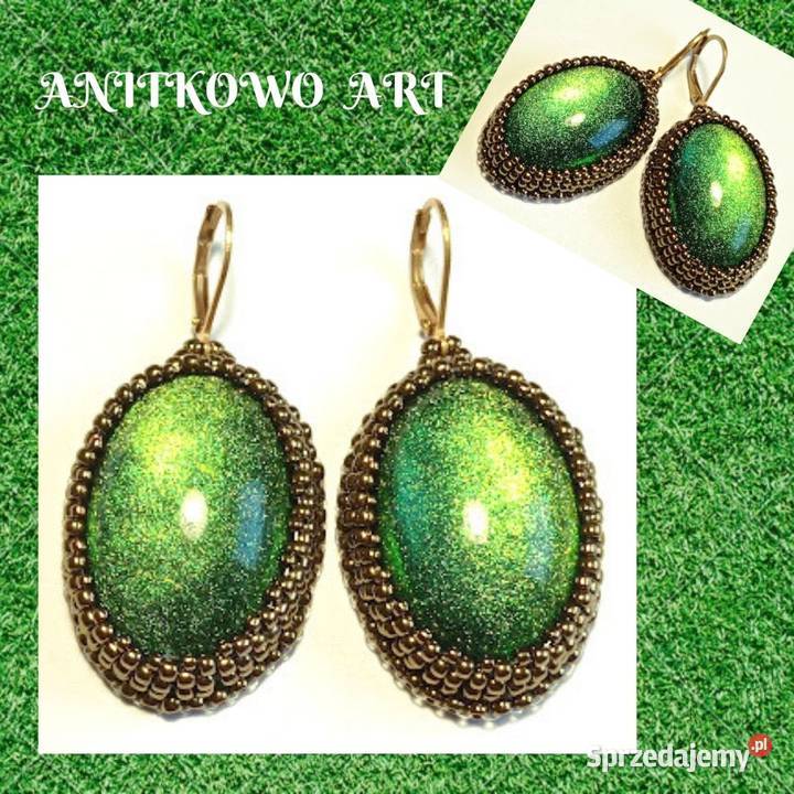 KOLCZYKI Z ŻYWICĄ zielone w koralikach Kolczyki sprzedam