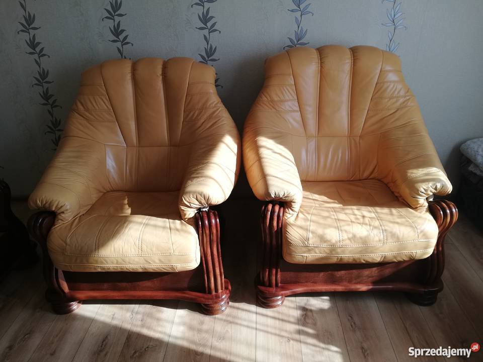 Wypoczynek skórzany fotele sofa skóra stelaż dąb Bydgoszcz sprzedam