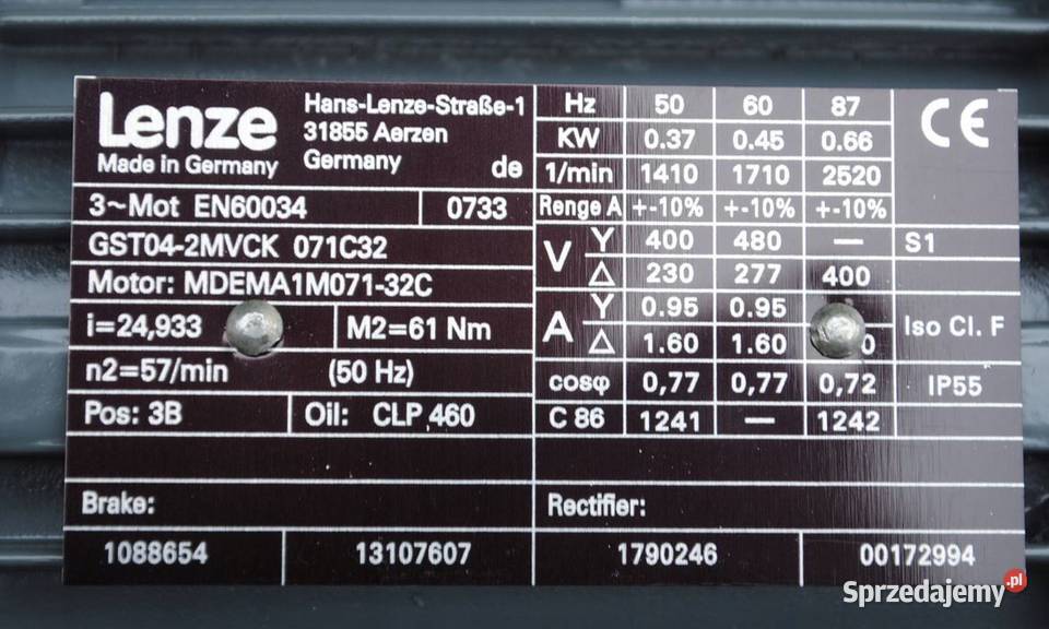 Motoreduktor kołnierzowy 037kw 57obrmin Lenze lubuskie Kargowa