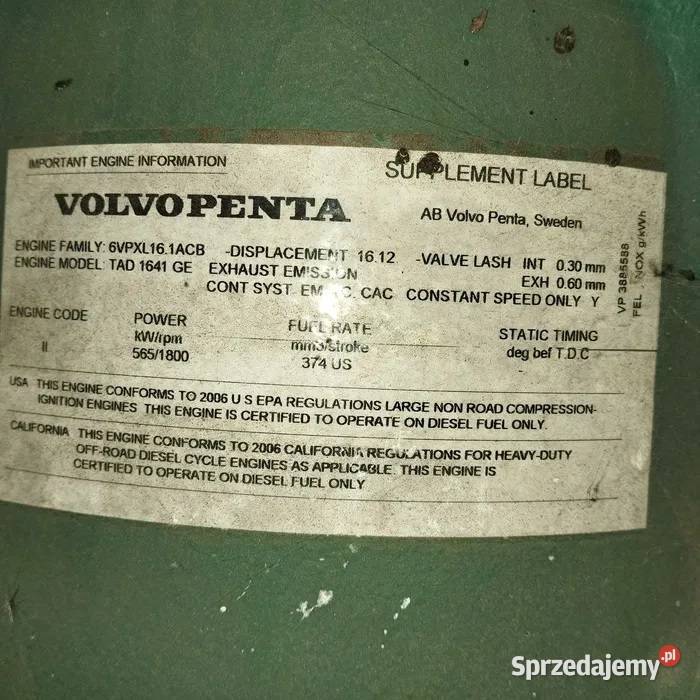 Agregat prądotwórczy Volvo Penta TAD 1641 GE Pozostałe Giżyn
