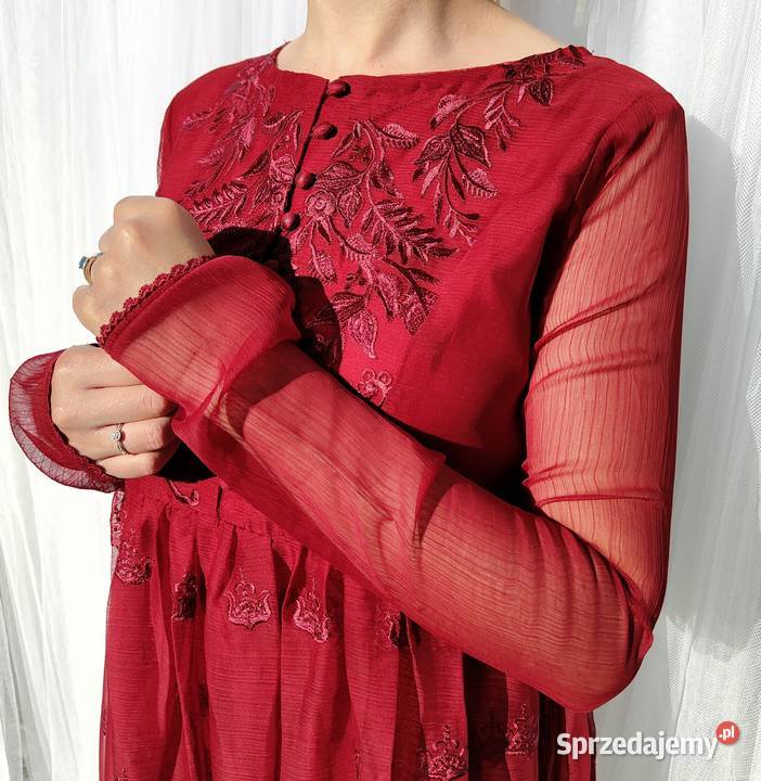 Bordowa sukienka haftowana M 38 szyfon haft Szczecin sprzedam