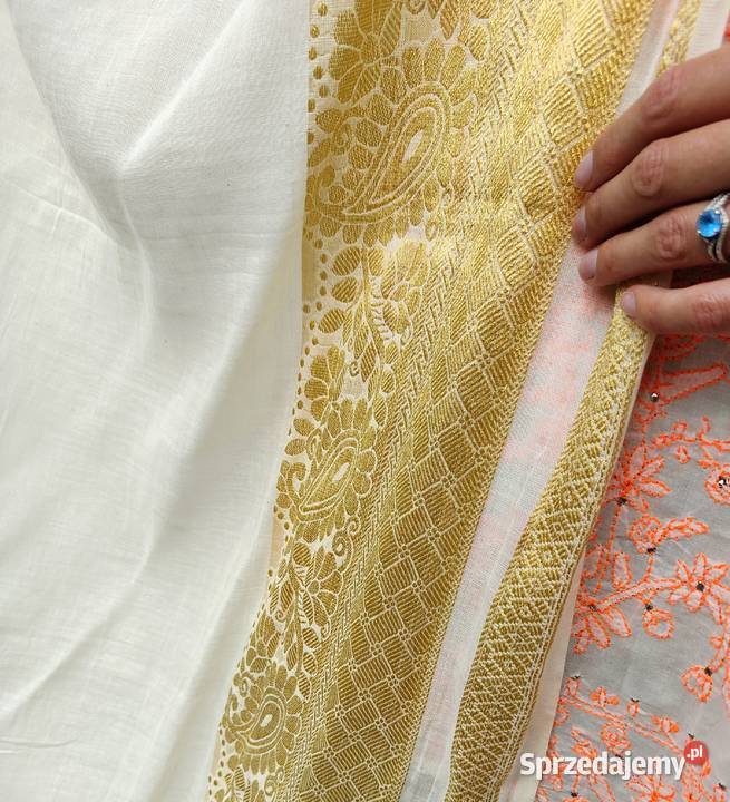 Duża chusta dupatta biała złota hijab hidżab Dla kobiet Galanteria i dodatki Szczecin
