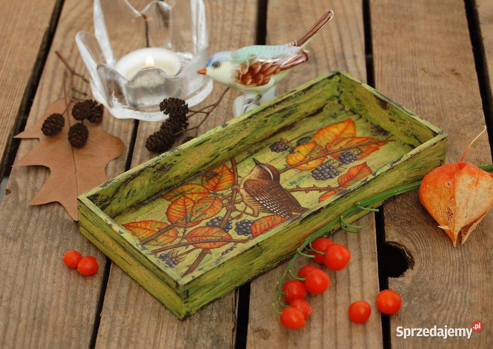 Drewniana tacka malowana ptak strzyżyk jeżyny Lublin