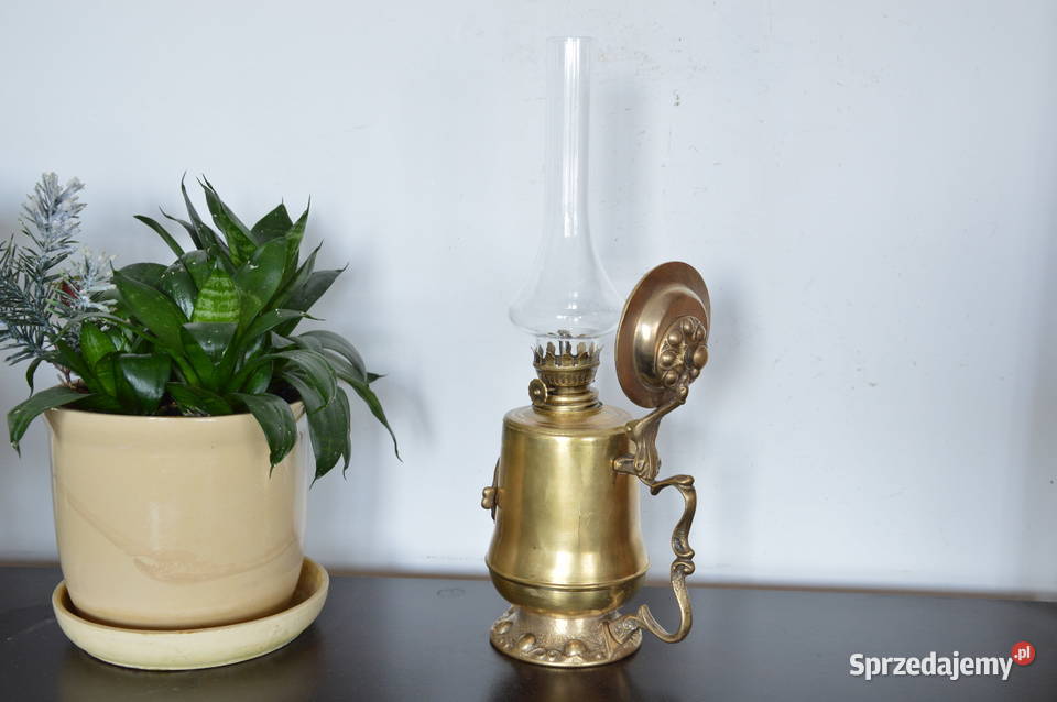 lampa naftowa mosiężna stojąca z lusterkiem sprzedam