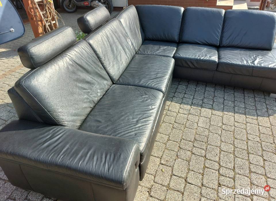 Komfortowa kanapa narożna czarna skóra naturalna Kęty sprzedam