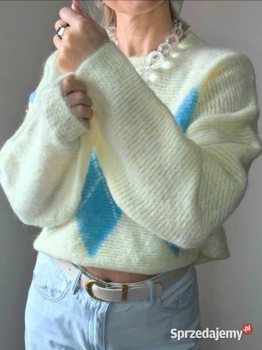 Pastelowy sweter damski w romby oversize guziki Inny wzór śląskie