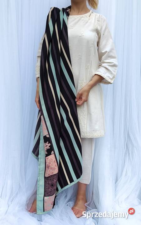 Duży szal w pasy orient granatowy miętowy Szczecin