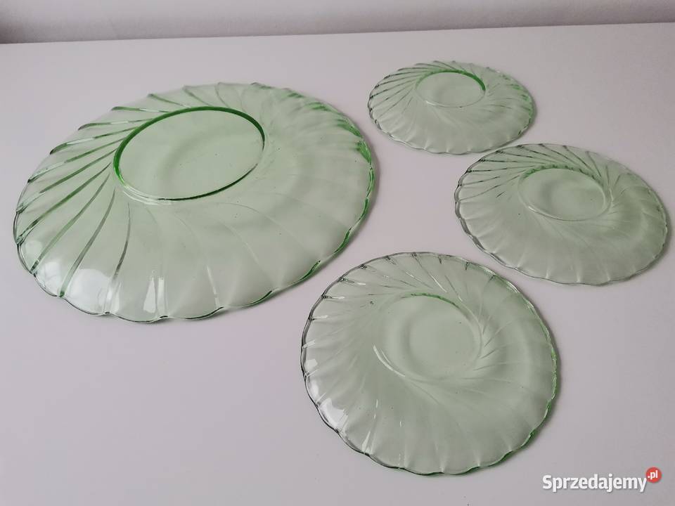 Stara zielona patera talerzyki 13 szkło Art Deco Katowice