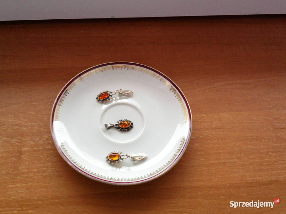 Srebrne klipsy z bursztynem i wisiorek antyk Sosnowiec sprzedam