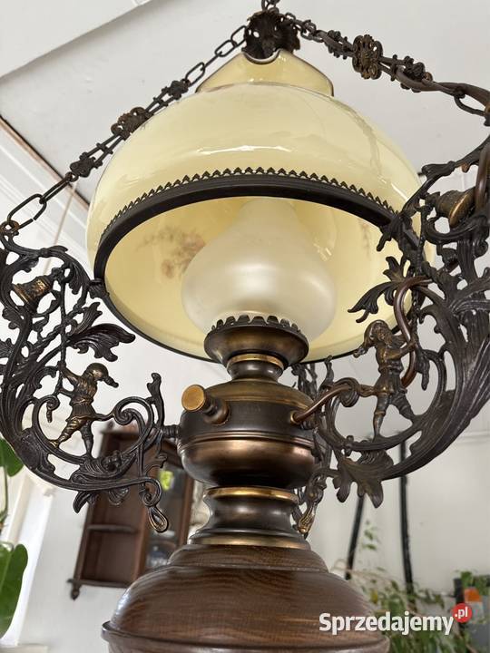 Śliczna lampa naftowa żyrandol drewno mosiądz Bystrzyca Kłodzka