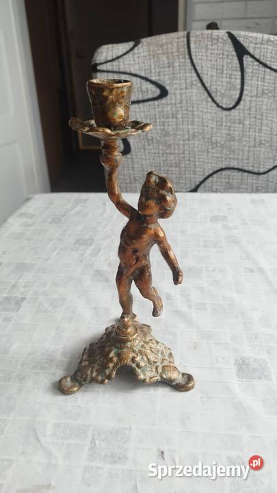 Świeczniki cherubinek mosiądz PRL dwie sztuki Antyki Antyki, Sztuka, Kolekcje Słubice