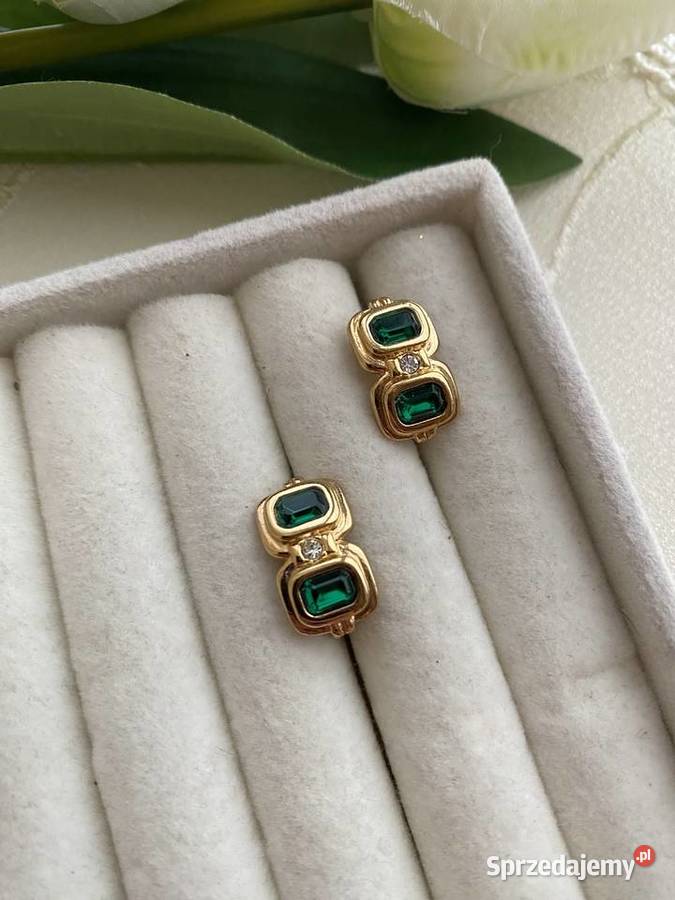 klipsy vintage imitacja szmaragdu złote łódzkie Łódź