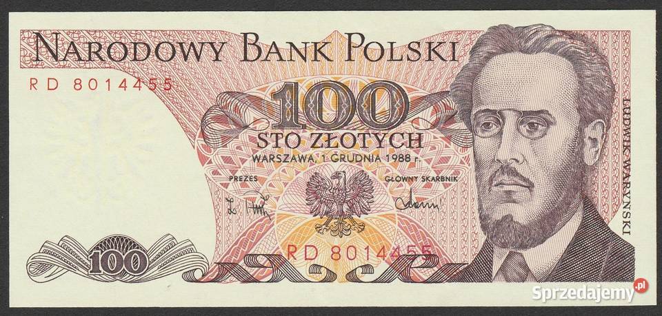 POLSKA 100 ZŁOTYCH 1988 WARYŃSKI RD STAN BANKOWY Łódź
