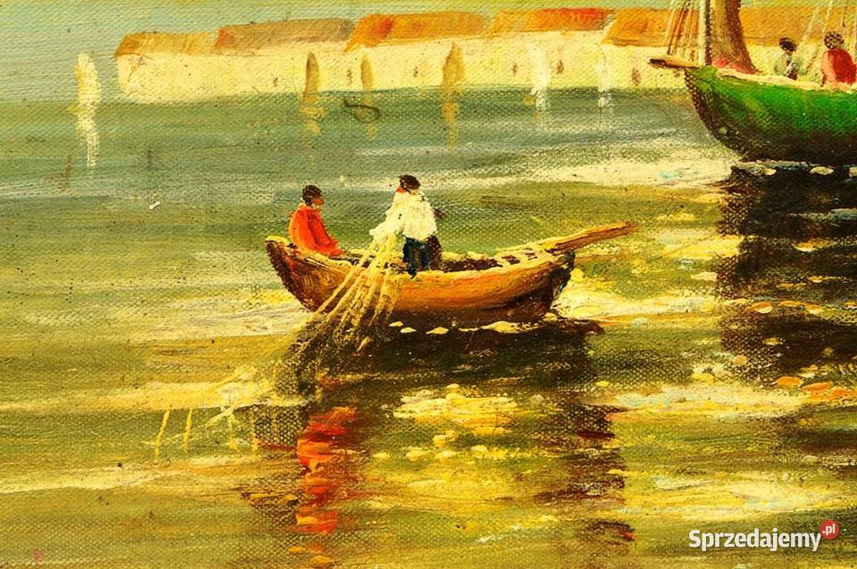 Duży obraz olejny na płycie Połów w Porcie wym Malarstwo Warszawa