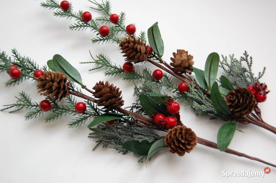 Gałązka świąteczna szyszki czerwone jagody 50