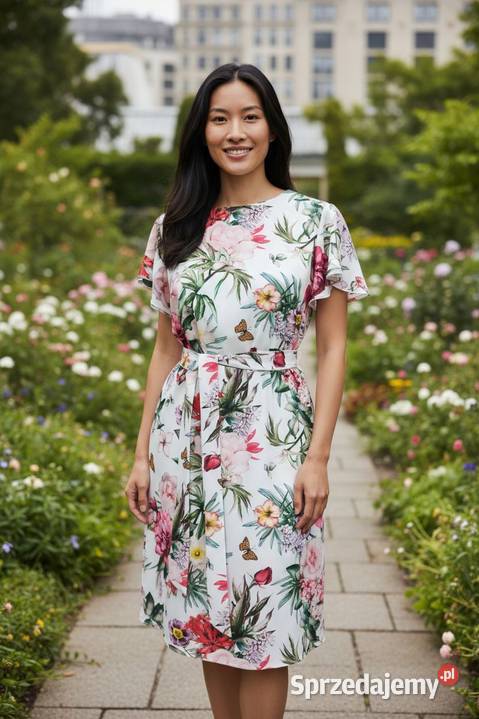 Sukienka damska elegancka kwiaty falbana wiązana Wieluń