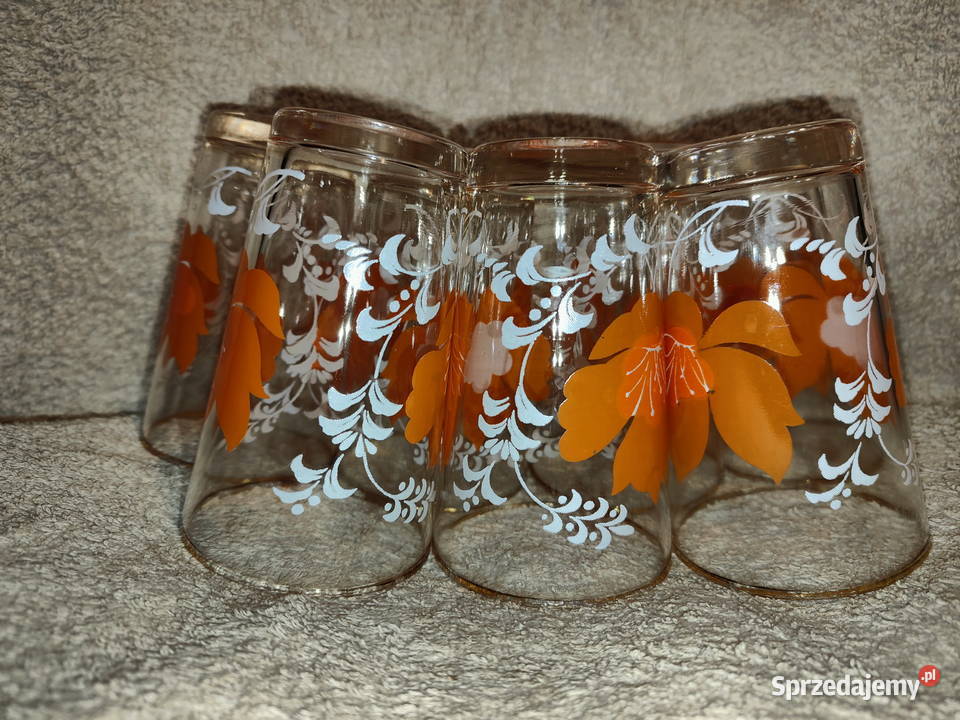 Vintage szklanki w kwiaty ze złotym rantem PRL 7 Lublin