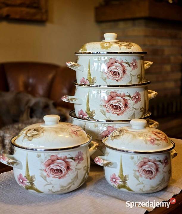 199 Garnki duże emalia róże śląskie Zabrze