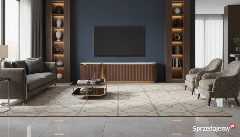 Ryflowana szafka RTV złota drewniana brązowa Golkowice