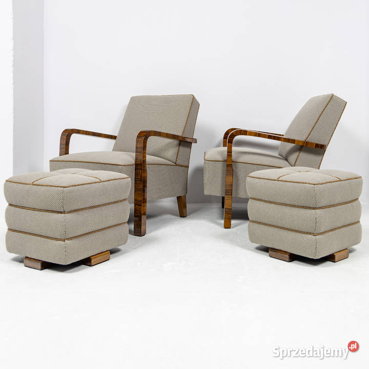 Komplet Art Deco Modernizm Dwa Fotele i Dwa Pufy Swarzędz