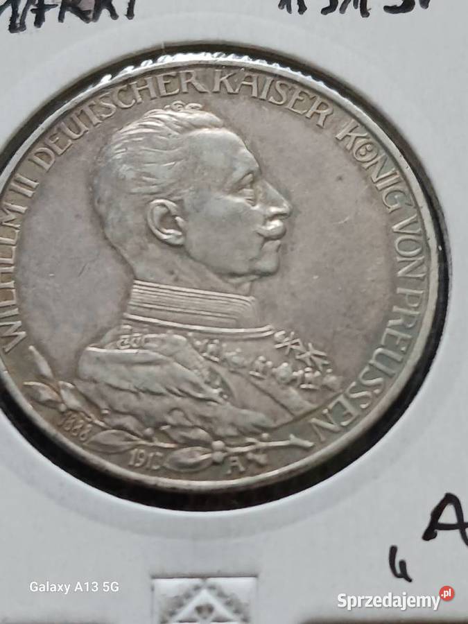 3 Marki Prusy Wilhelm II 1913 r Śliczne Konin