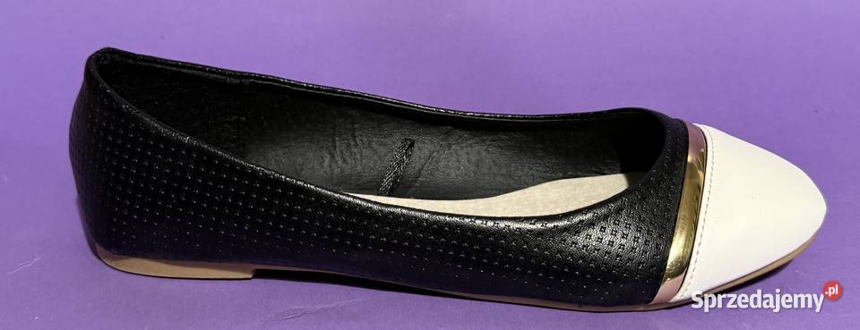 Czarne baleriny z białym czubkiem skórzana mazowieckie Żyrardów