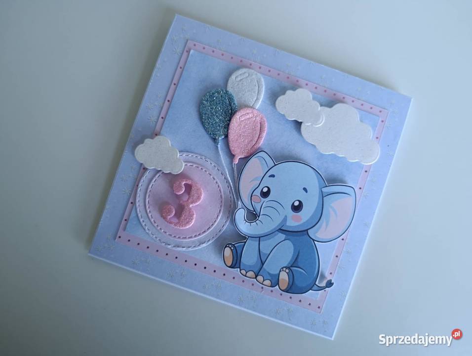 Kartka na urodziny słonik z balonami handmade Łódź