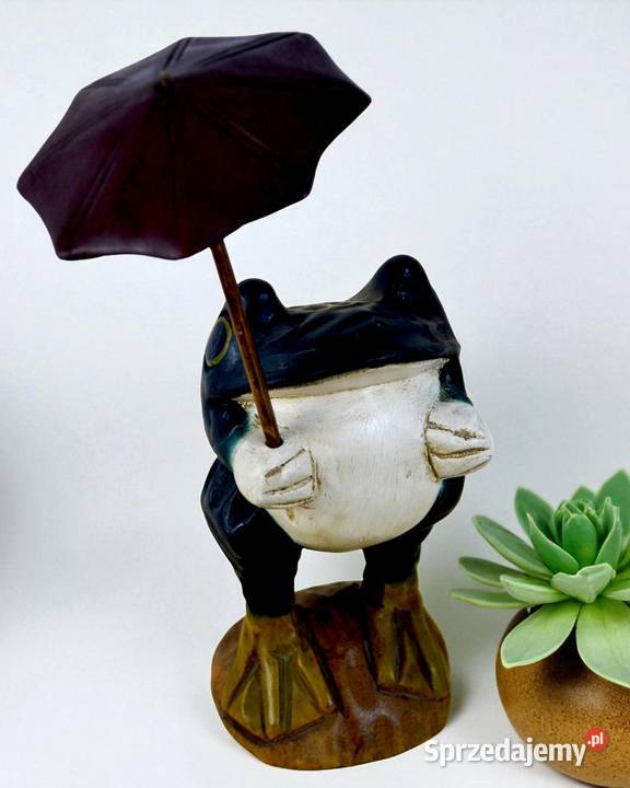 Vintage drewniana rzeźba żaba z parasolem 1828 Bronisze