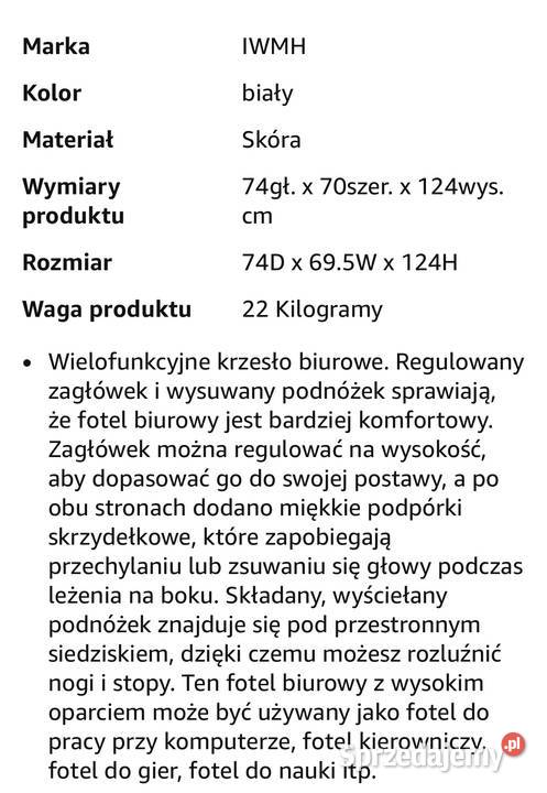 Ergonomiczne krzesło biurowe białe ze skóry PU śląskie Bielsko-Biała sprzedam