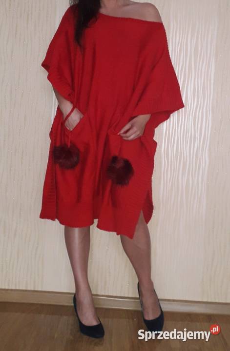 Sweter poncho narzuta z kieszeniami oversize bez rękawa