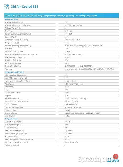 Magazyn Energii DEYE MSGS2152H3 215kWh 100kW CI sprzedam