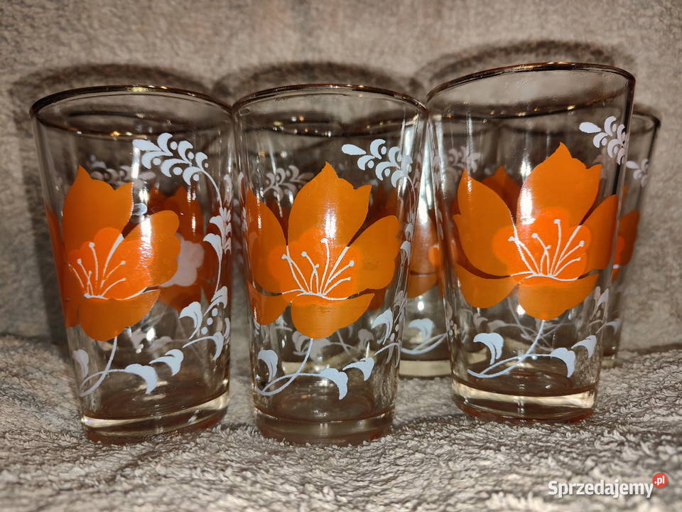 Vintage szklanki w kwiaty ze złotym rantem PRL 7 lubelskie Lublin