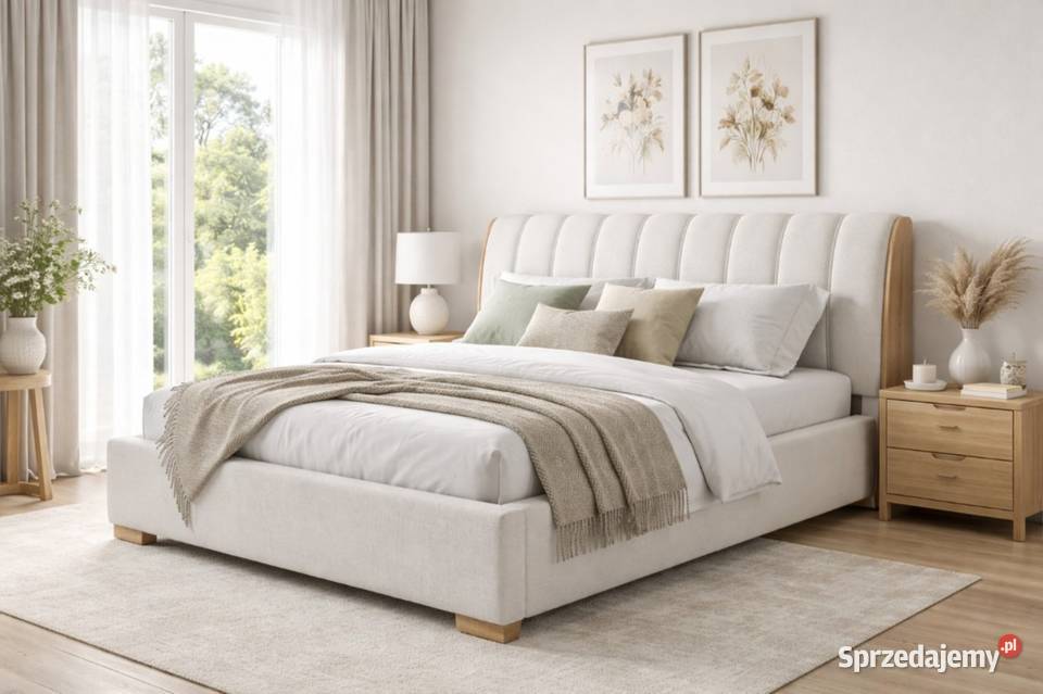 Sypialniane łóżko ARIA 140x200 beżowe z drewnem łódzkie Łódź