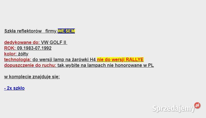 SZKŁA REFLEKTORÓW GOLF II MK2 ZÓŁTE SZKŁO Szczecin