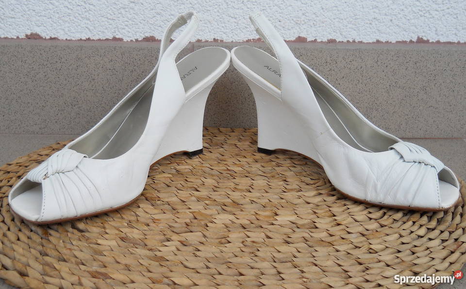 ALFANI 100 Skóra Piękne Sandały Koturn Białe Łęczna